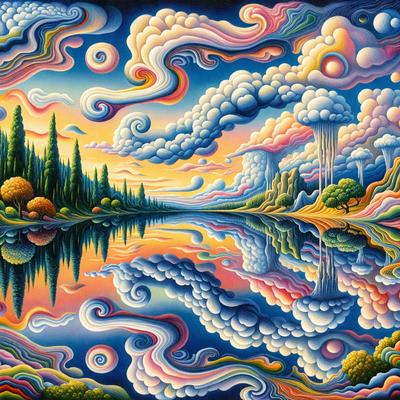 The primary subject of the image is a painting of a forest with a body of water, such as a lake or river, reflecting the surrounding landscape. The setting includes a sky filled with clouds, creating a serene atmosphere. The visual style of the painting is a mix of digital art and illustration, giving it a vibrant and colorful appearance. The dominant colors in the painting include shades of blue, green, and orange, which contribute to the overall mood of the scene.